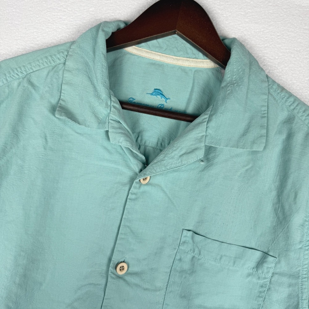 Tommy Bahama 100% Silk Camp Shirt Mens Medium Teal Jacquard Short Sleeve